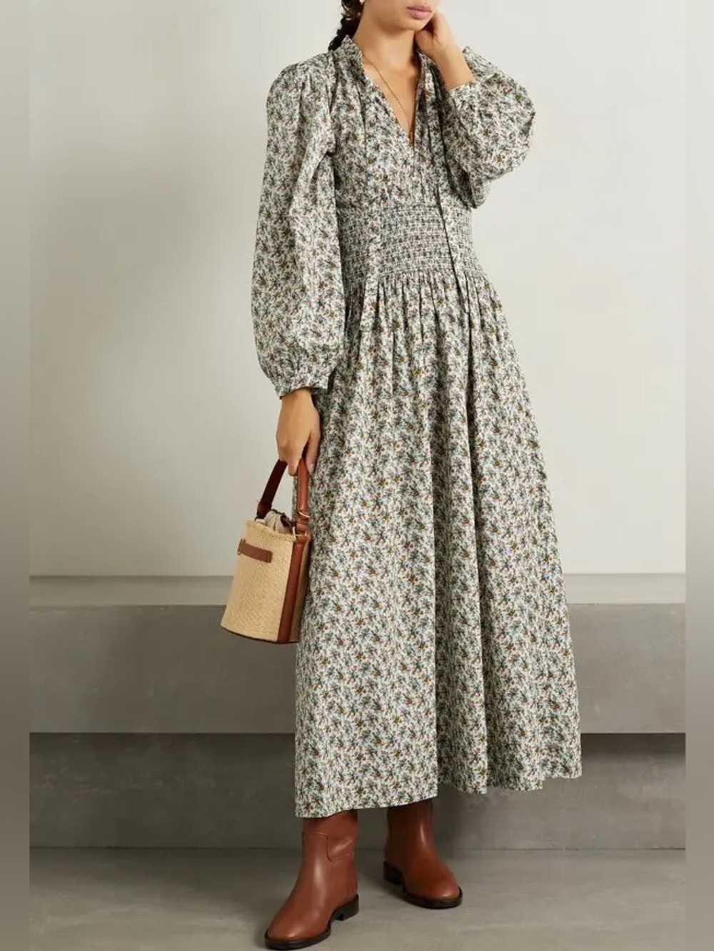 Doen Everly Shirred Floral Cotton Poplin Midi Dress